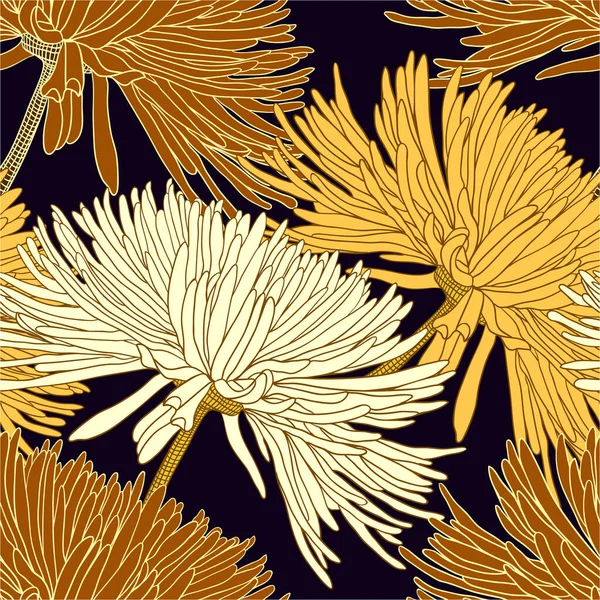 Naadloze Patroon Met Chrysanten Goud Zwart Voor Decoratie Textiel Doek — Stockvector