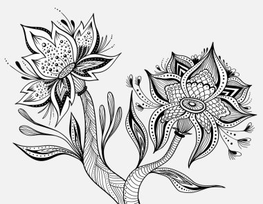 Renklendirme sayfası, boyama kitabı veya dekorasyon için siyah ve beyaz renkli soyut Tropik Fantezi çiçekleri