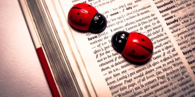 iki oyuncak ladybugs bir sözlük kelime çeviri üzerinde İngilizce'den İtalyanca'seviyorum.