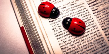 two toy ladybugs on a dictionary translating the word love from english to italian clipart