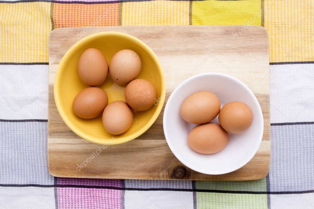 Egg, Brown Eggs in White Plate on Wooden Board & Kitchen Cloth, 