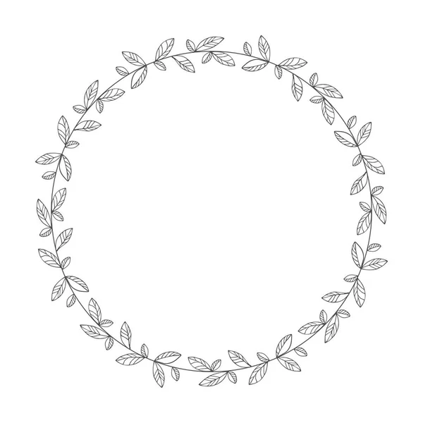 Couronne florale dessinée à la main vectorielle, cadre rond avec feuilles — Image vectorielle