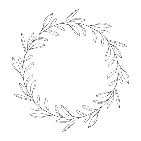 Couronne florale dessinée à la main vectorielle, cadre rond avec feuilles — Image vectorielle
