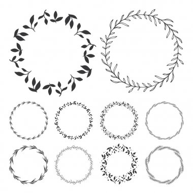 elle çizilmiş çiçek çelenk küçük resim, çerçeve yaprakları ile yuvarlak