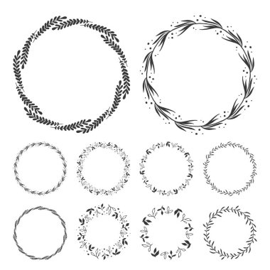 elle çizilmiş çiçek çelenk küçük resim, çerçeve yaprakları ile yuvarlak