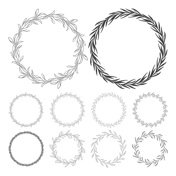 Hand drawn floral wreath clip art, round frame with leaves — Stock Vector