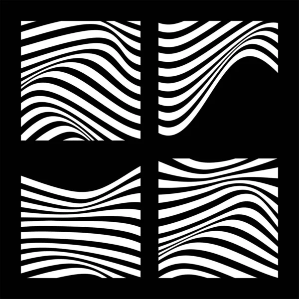 Conjunto de 4 fondos abstractos con líneas onduladas. Diseño abstracto minimalista en blanco y negro. Ilustración vectorial . — Archivo Imágenes Vectoriales