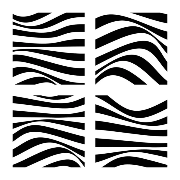 Conjunto de 4 fondos abstractos con líneas onduladas. Diseño abstracto minimalista en blanco y negro. Ilustración vectorial . — Archivo Imágenes Vectoriales