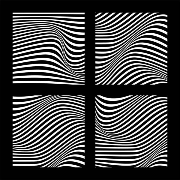 Uppsättning av 4 abstrakta bakgrunder med vågiga linjer. Minimalistisk svart och vit abstrakt design. Vektor Illustration. — Stock vektor