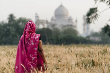 Taj Mahal ile arka planda duran kadın
