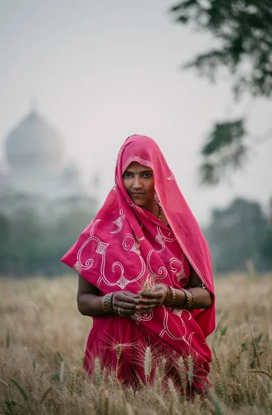 Taj Mahal ile arka planda duran kadın — Stok fotoğraf