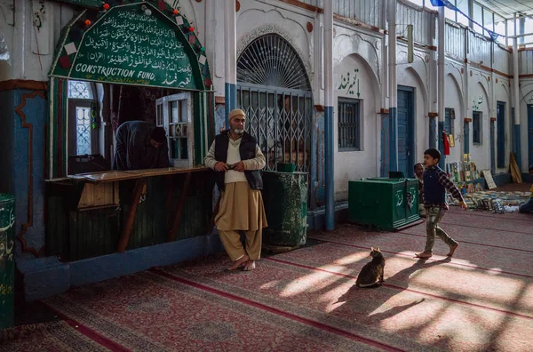 Homens menino e gato dentro da mesquita — Fotografia de Stock