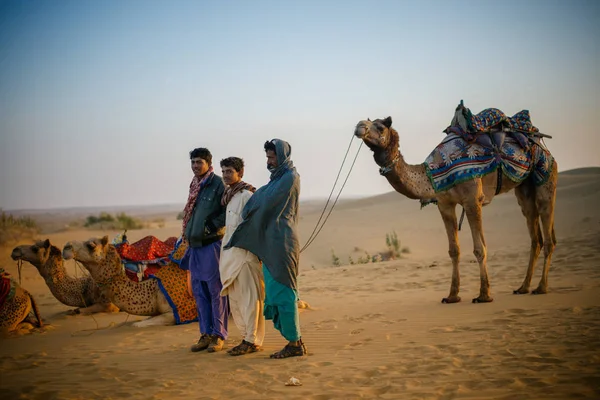 Tres hombres de pie cerca de camellos — Foto de Stock