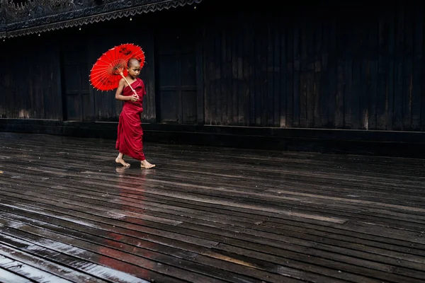 Buddhistický mnich chůzi s deštníkem — Stock fotografie