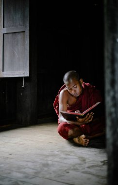 Oturma ve kitap okuma Budist rahip