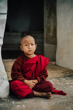 Oturma ve kameraya bakarak küçük keşiş