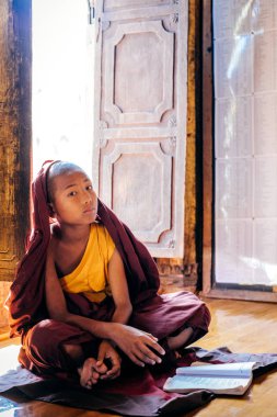 Oturma ve kameraya bakarak küçük keşiş