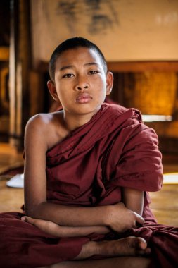 Oturma ve kameraya bakarak küçük keşiş