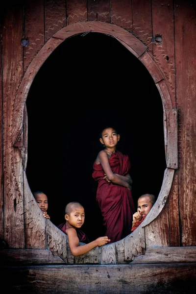 Piccoli monaci buddisti in piedi — Foto Stock