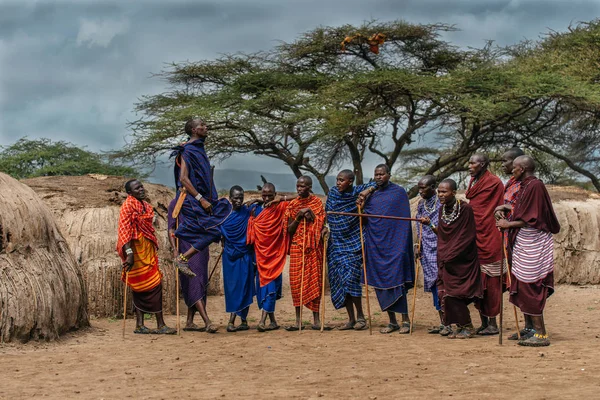 Miembros de la tribu africana bailando y saltando — Foto de Stock