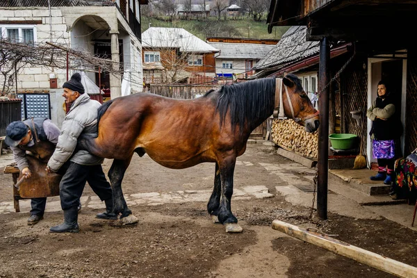 Dos hombres hincando caballos en la calle — Foto de Stock
