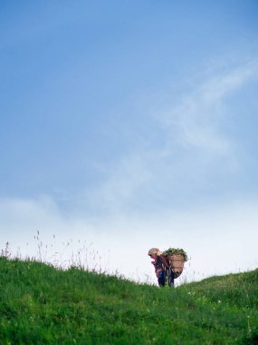 Saman tepe üzerinde kepçe ile üst düzey kadın