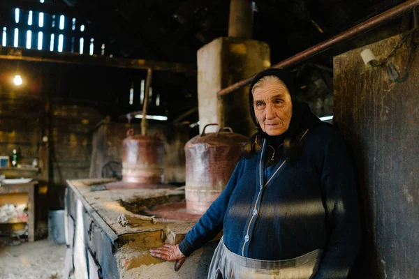 Mujer mayor de pie en la cabaña del pueblo — Foto de Stock