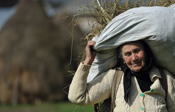 Mujer llevando saco de heno —  Fotos de Stock