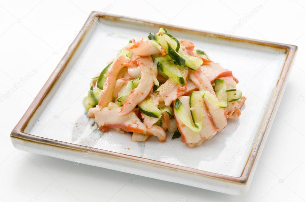 Japanese food, Chukaika, boiled squid with cucumber Chinese style seasoned.