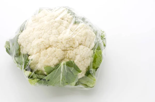 Fresh Cauliflower Plastic Bag White Background — Stock Photo, Image