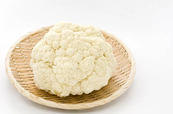 Fresh Cauliflower Bamboo Sieve White Background — Stock Photo, Image