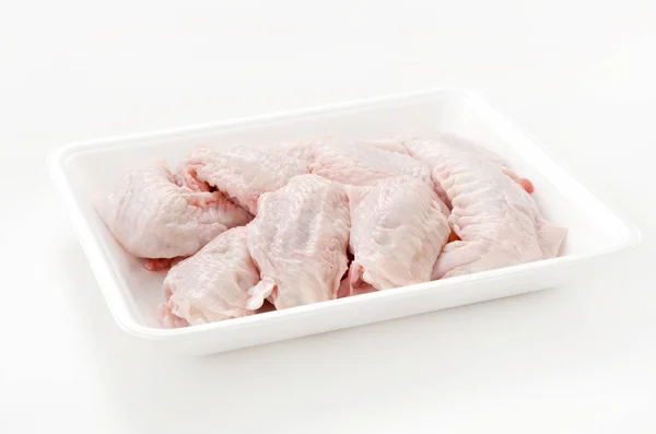 Alitas Pollo Crudas Sin Cocer Recipiente Plástico Blanco — Foto de Stock