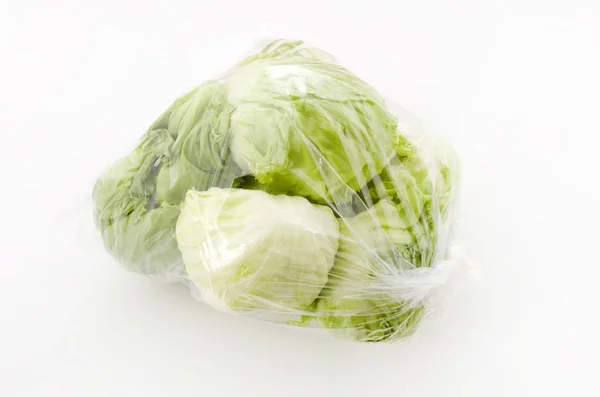 Fresh Lettuce Leaves Plastic Bag White Background — Stock Photo, Image