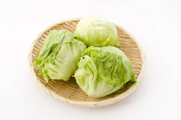 Fresh Lettuce Leaves Bamboo Colander White Background — Stock Photo, Image