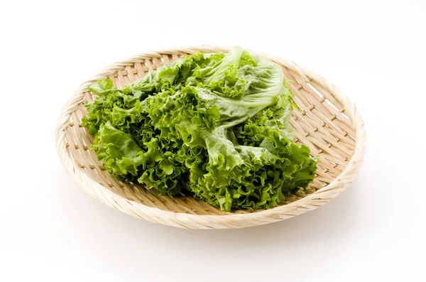 Fresh Green Leaves Lettuce Bamboo Colander White Background — Stock Photo, Image