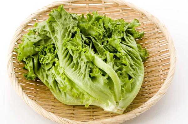 Fresh Green Leaves Lettuce Bamboo Colander White Background — Stock Photo, Image