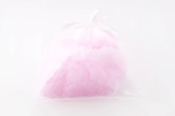 Süße Rosa Zuckerwatte Plastiktüte Auf Weißem Hintergrund — Stockfoto