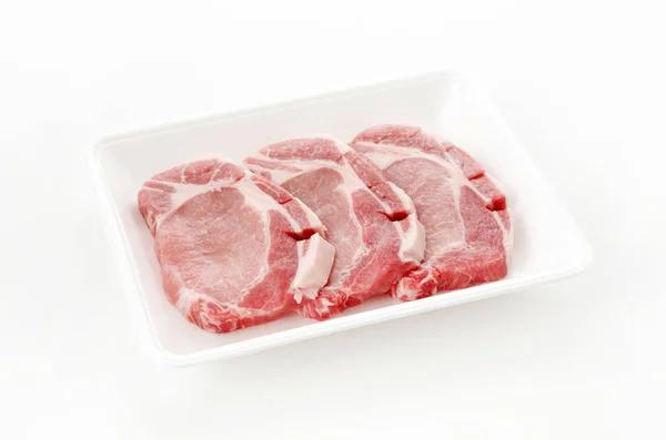 Raw Pork Meat Foam Tray White Background — 스톡 사진