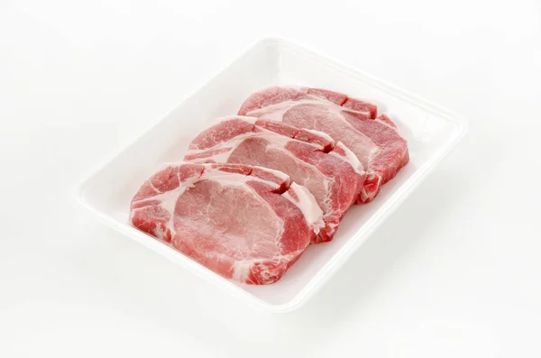 Raw Pork Meat Foam Tray White Background — 스톡 사진