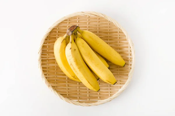 Bunch Bananas Bamboo Colander White Background — Stock Photo, Image