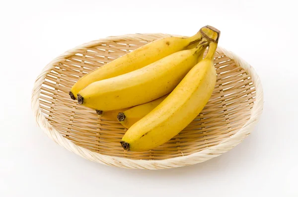 Bunch Bananas Bamboo Colander White Background — Stock Photo, Image