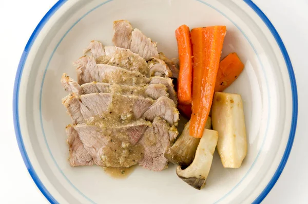 Roast Pork Eryngii Mushroom Carrots Plate White Background — Stock Photo, Image