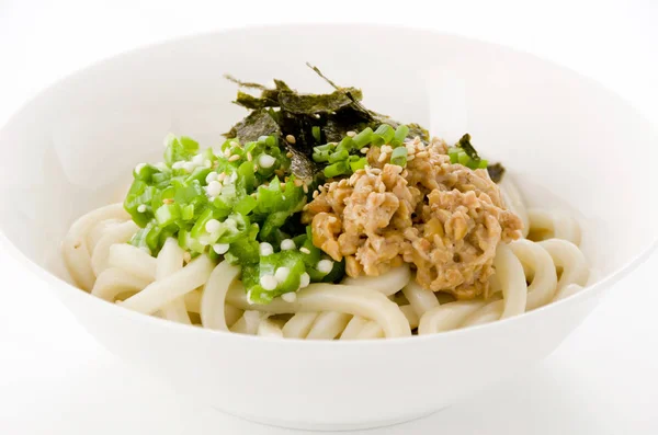 Nourriture Japonaise Hiyashi Udon Avec Okra Natto Mominori — Photo