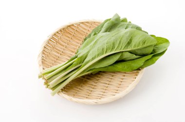 Nigana, Njana, Hosobawadan (Crepidiastrumlanceolatum lanceolatum), yeşil yapraklı sebzeler beyaz arka planda bambu süzgeci