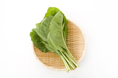 Nigana, Njana, Hosobawadan (Crepidiastrumlanceolatum lanceolatum), yeşil yapraklı sebzeler beyaz arka planda bambu süzgeci