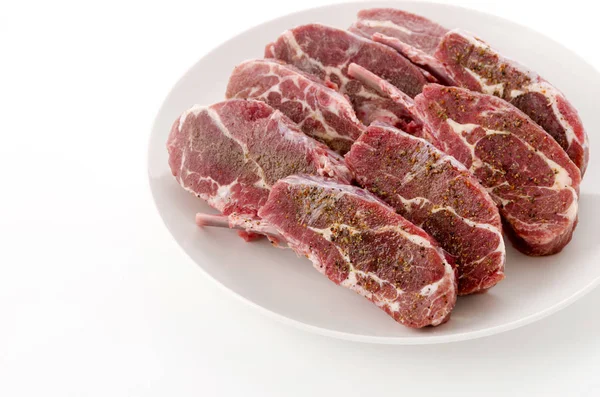 Raw Lamb Chops White Plate White Background — Stock Photo, Image