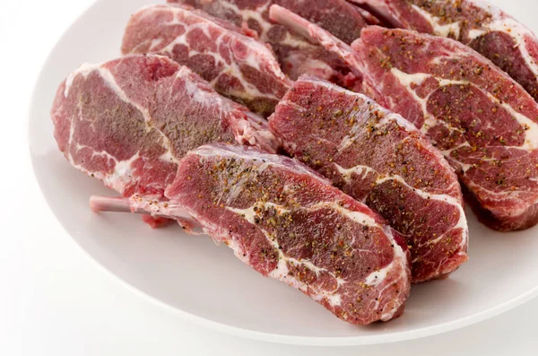 Raw Lamb Chops White Plate White Background — Stock Photo, Image