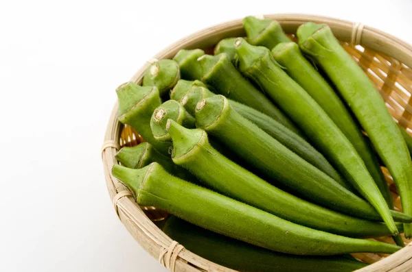 Fresh Okra Bamboo Sieve White Background — Stock Photo, Image