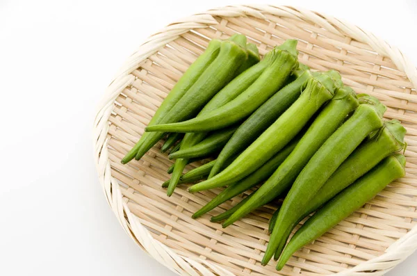 Färsk Okra Bambu Sil Vit Bakgrund — Stockfoto