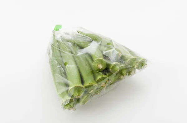 Fresh Okra Plastic Bag Isolated White Background — 스톡 사진